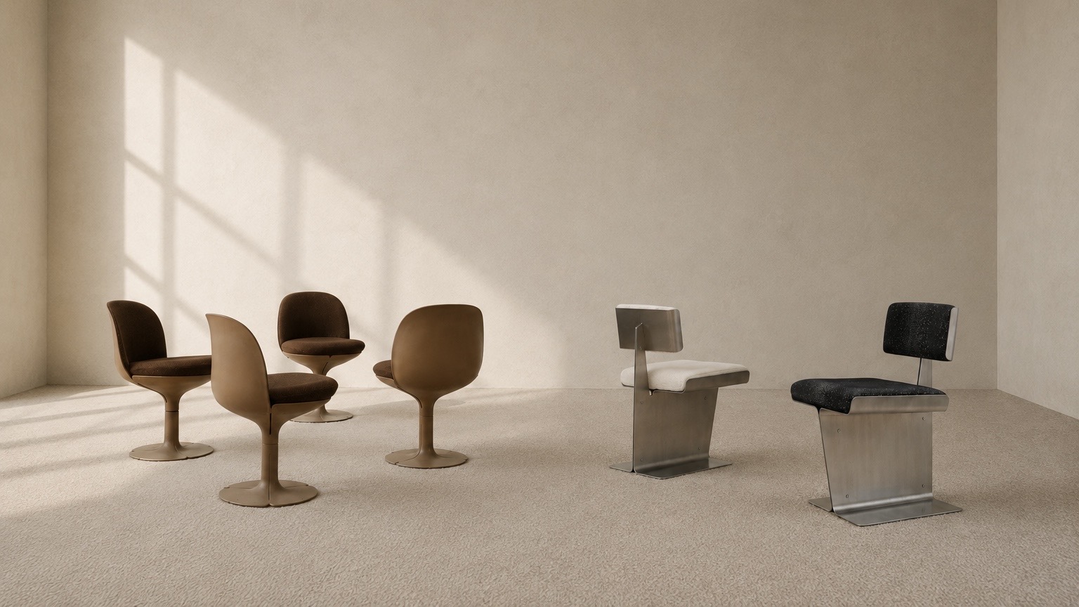 Sculptural chairs in warm neutral tones